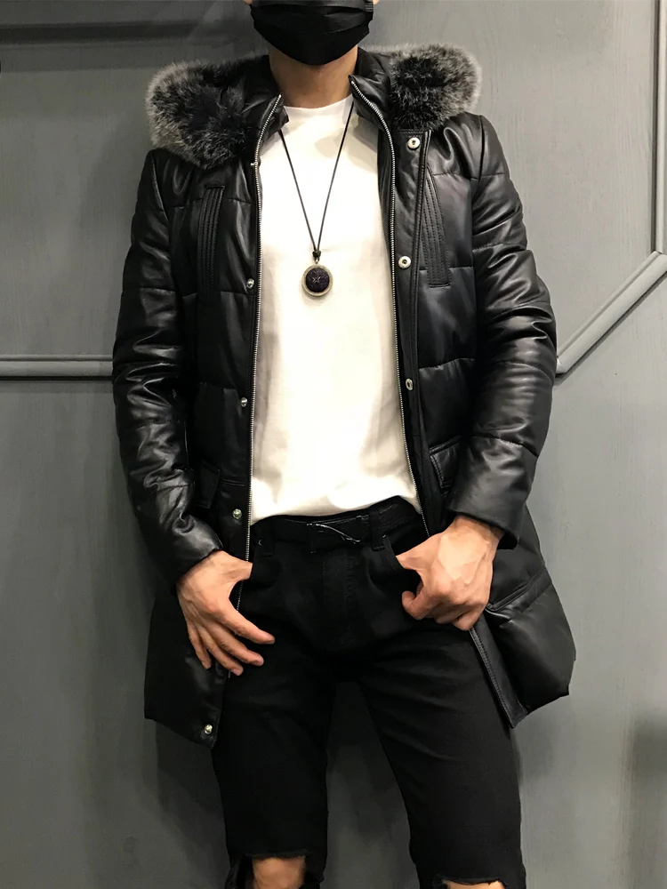 

AYUNSUE Plus Size Mens Real Sheepskin Leather Jacket Winter Natural Fox Fur Collar Down Coat jaqueta de couro M18C006 LX2360