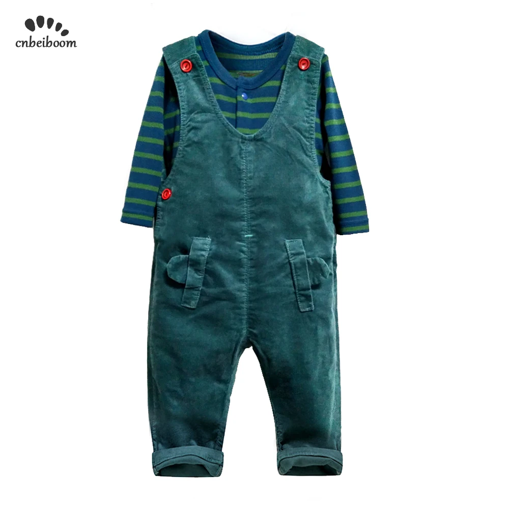 Autumn Winter Baby Clothing Sets Striped cotton rompers + corduroy overalls 2 pcs sets green girls boys Suit infant clothes | Детская