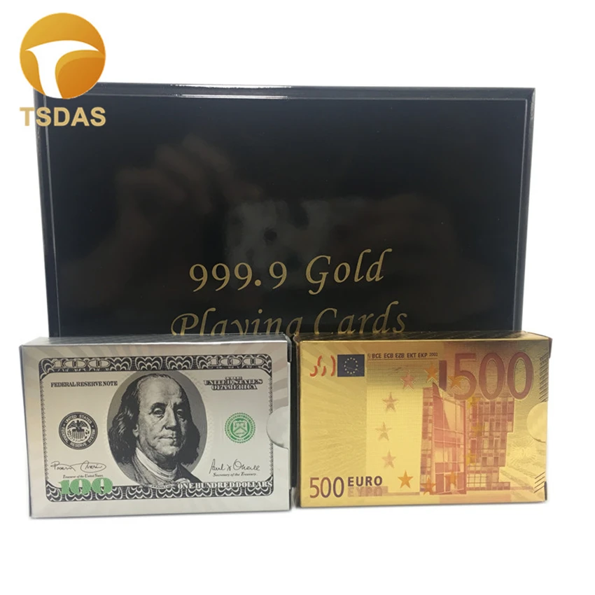 

2 pcs Sliver & Gold Foil Playing Cards 24k Gold Foil Plated USD 100 + EURO 500 Style Poker Card With Wooden Box