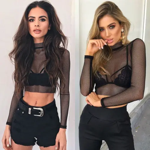 Пикантные Для женщин крючком сетка блузка 2018 новый летний черный однотонная