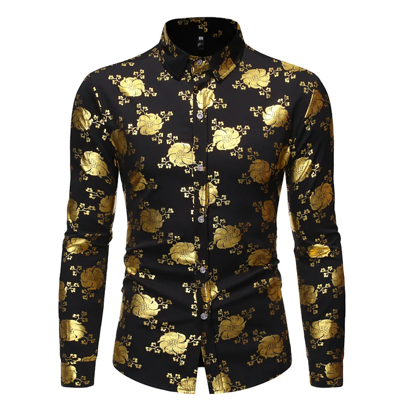 

Luxury Gold Floral Bronzing Shirt Men 2021 Spring Autumn Casual Long Sleeve Mens Dress Shirts Slim Fit Wedding Stage Wear Shirts
