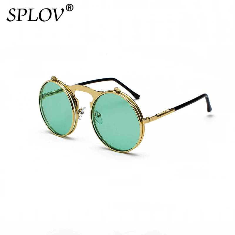 C9GoldGreen SPLOV, Ретро стиль, стимпанк, флип, солнцезащитные очки, Ретро стиль, круглая металлическая оправа, солнцезащитные очки для мужчин и женщин, фирменный дизайн, круглые очки Oculos - Цвет линз: C9GoldGreen