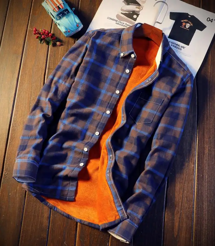 Plaid Shirt Thick Warm Fleece Autumn Winter Flannel Red Checkered Shirt Men Shirts Long Sleeve Chemise Homme Cotton Male 5xl 4xl - Цвет: Синий