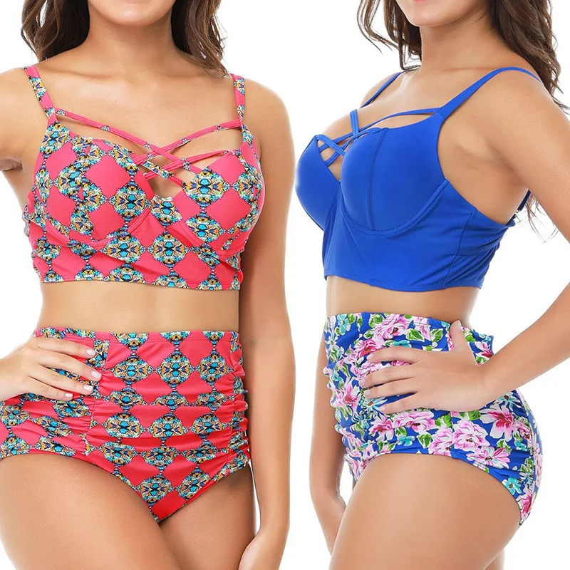 Женский купальный костюм Maillot купальник из двух частей с высокой талией и рюшами