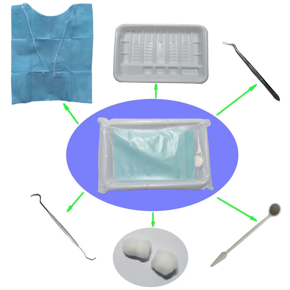 40 Kits (6 in 1) Mouth Mirror, Probe, Tweezer, Bib with Tie, Cotton Ball, Plastic Tray Dental Disposable Consumable