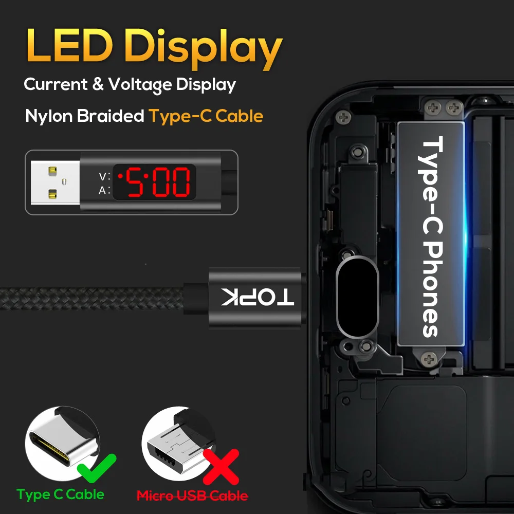 USB Type C кабель TOPK AC27 3A(Max) QC 3 0 для быстрой зарядки и передачи данных в нейлоновой