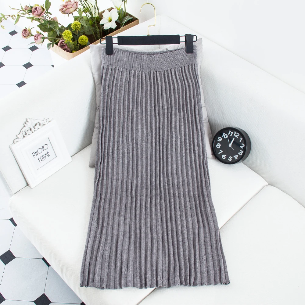 Женская одежда осень-зима вязаная Юбка До Колена LengthHigh талия плиссированные
