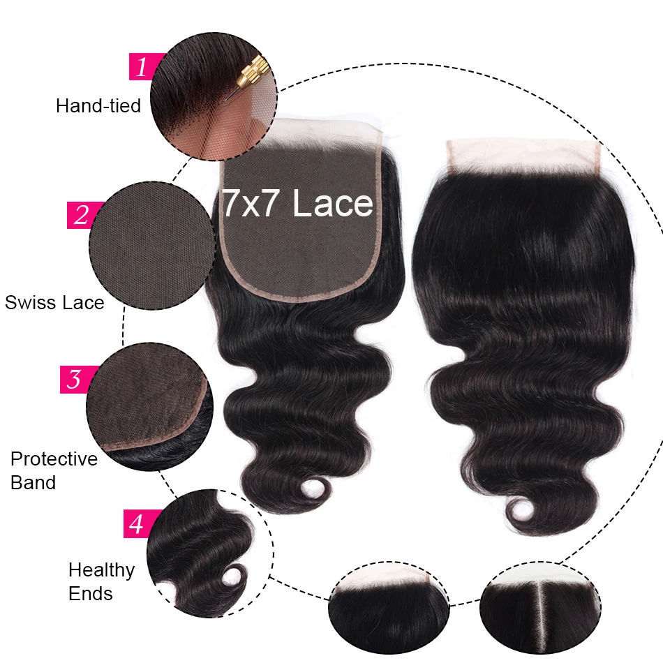 Recool бразильские волнистые пучки с закрытием 7x7 кружева 3 пучками Remy натуральные