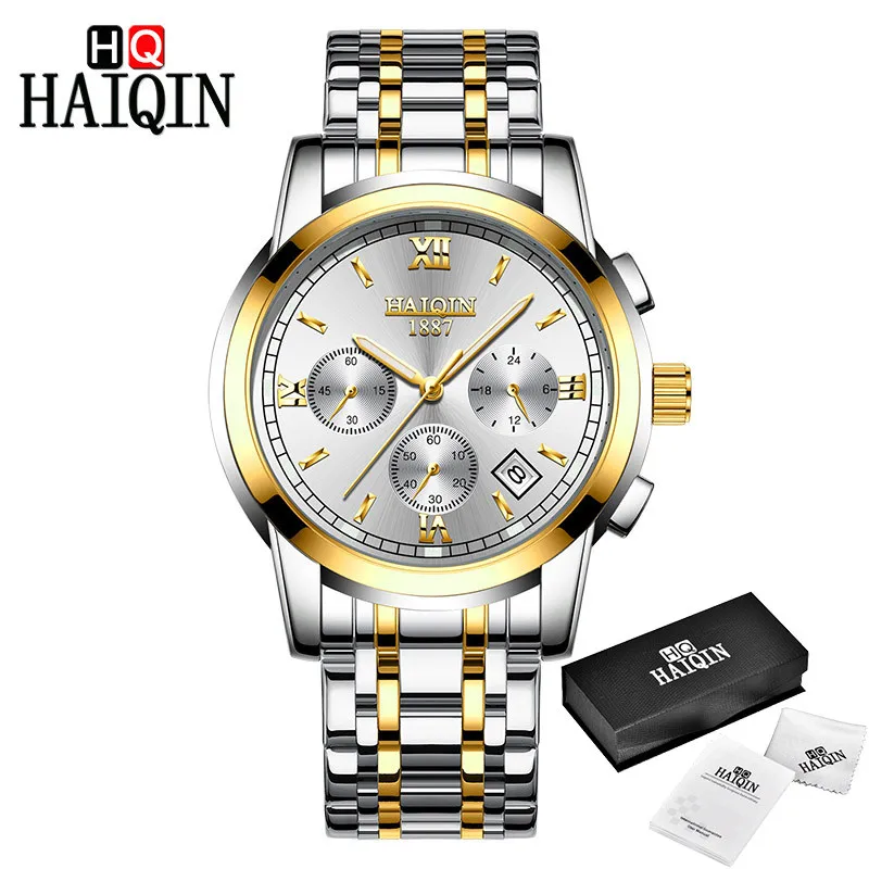 Gold White HAIQIN часы Для мужчин Топ Элитный бренд хронограф Для мужчин спортивные часы Водонепроницаемый полный Сталь кварцевые наручные часы Relogio Masculino - Цвет: Gold White