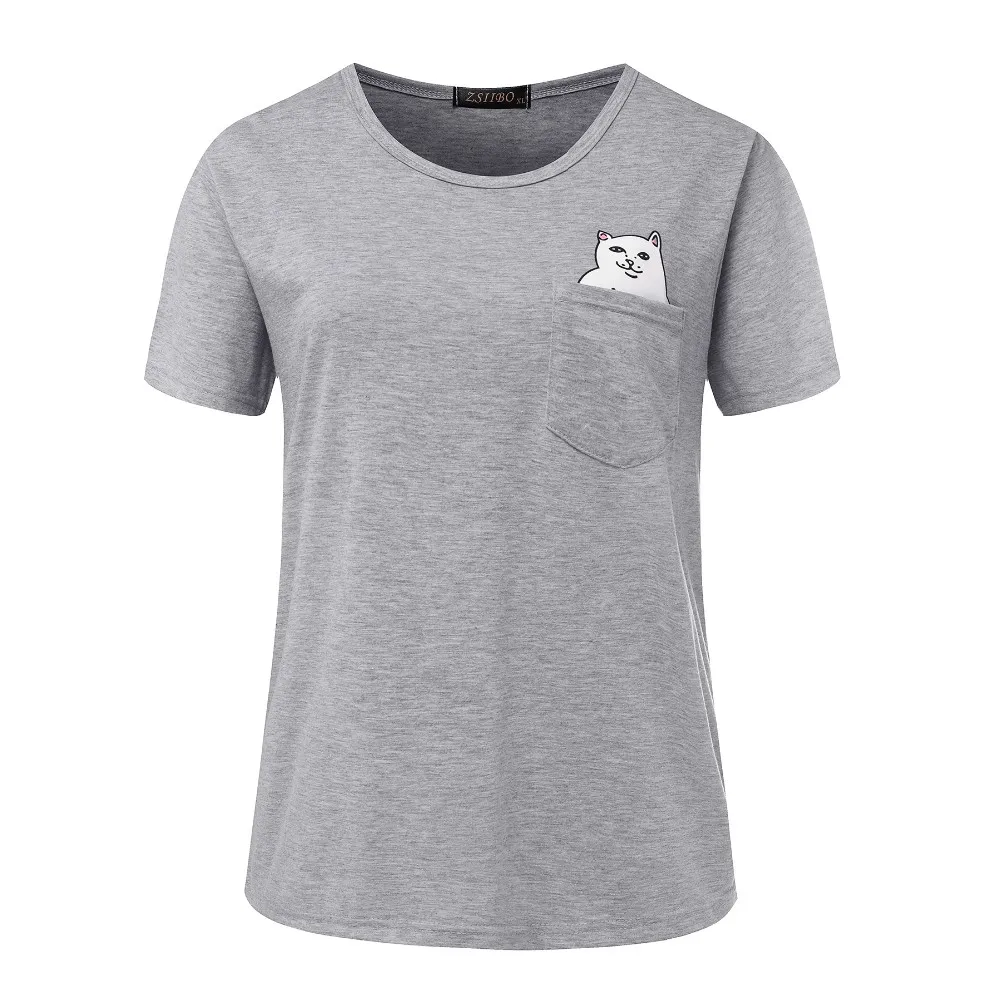 Новая летняя женская футболка с карманом и принтом кота, парные топы Харадзюку, футболка с коротким рукавом, милая стильная повседневная футболка, топ