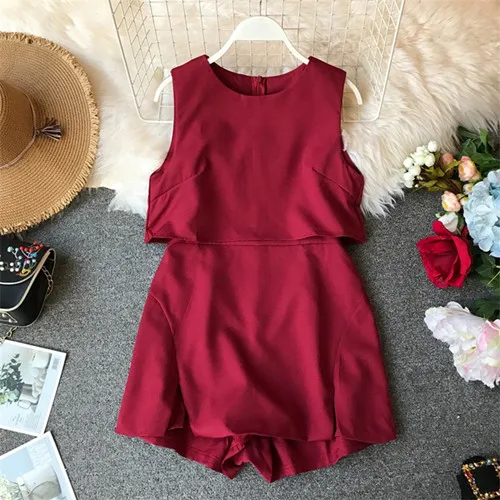 wine red Однотонная Мода, тонкий сексуальный короткий комбинезон, повседневный Женский Летний Пляжный комбинезон без рукавов, комбинезон с высокой талией, праздничный комбинезон - Цвет: wine red