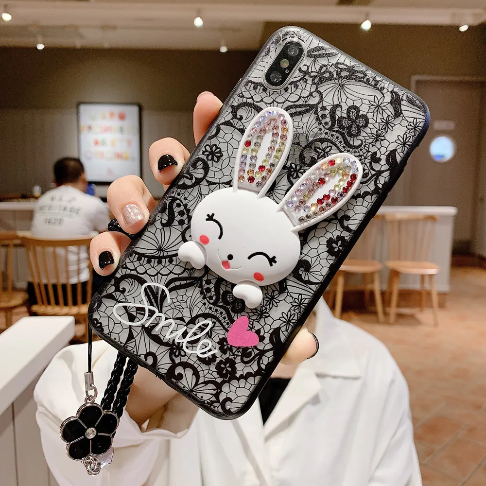 Fashion Lace Flowers Lanyard Phone Case For iPhone 11Pro MAX XR XS Max 8 7 6S Plus 5S Cartoon Rabbit Ear Bracket Back Cover Capa |