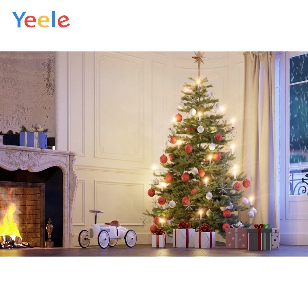 Фон для студийной фотосъемки с изображением рождественской елки камина подарков