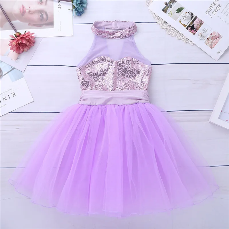 Kids Girls Mock Neck Ballet Dance Dress Gymnastic Leotard Shiny Sequins Sleeveless Mesh Splice Ballet Leotard Flower Girls Dress