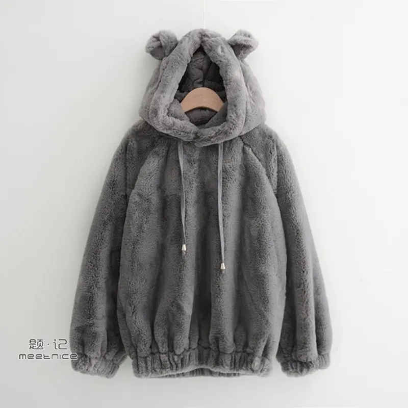 Серый Harajuku Kawaii плюшевая толстовка с капюшоном, мягкий Зимний пуловер, Женская толстовка с медвежьими ушками, милые однотонные толстовки, унисекс, студенческие аниме топы - Цвет: Серый
