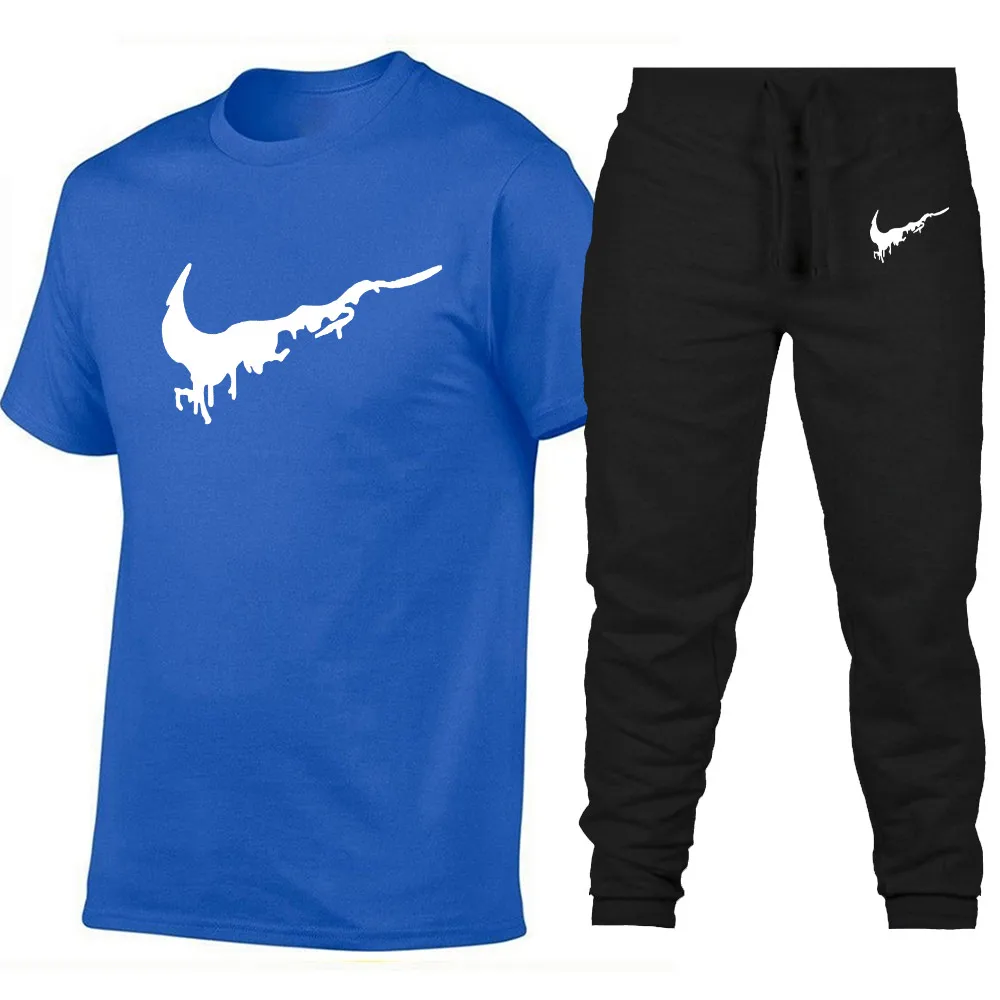 Новинка 2019 Мужская хлопковая футболка + штаны для бега комплект из двух предметов