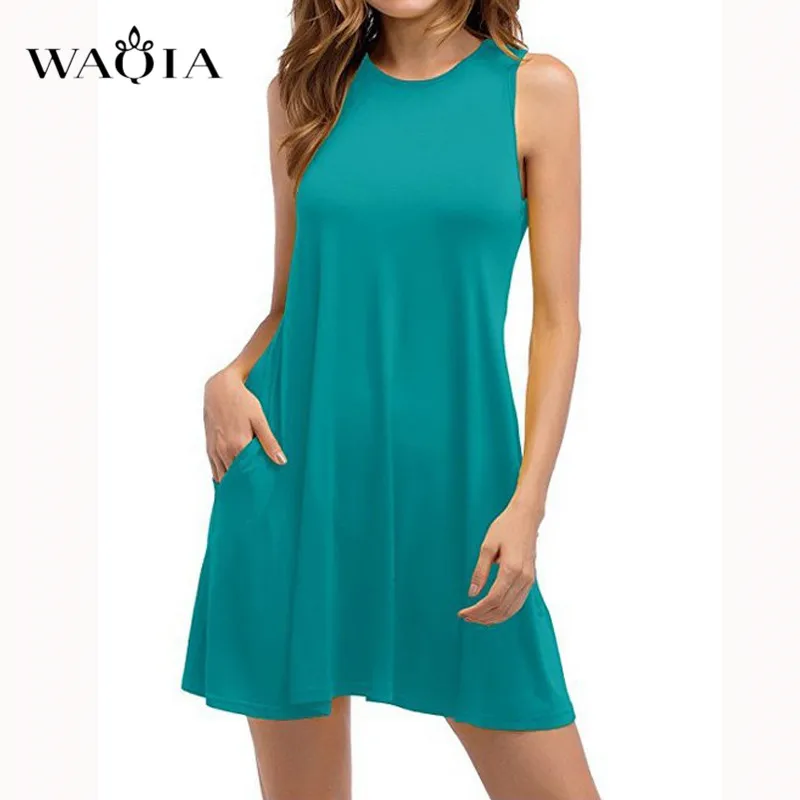 WAQIA 2019 Summer Dress Women Plus Szie 5XL Sleeveless Boho Style Short Beach Sundress Casual Shift Dresses Vestidos | Женская одежда