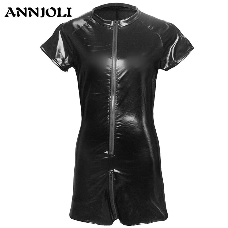 ANNJOLI S 3XL Для мужчин Косплэй PU ажурный просвечивающий нательный комбинезон для