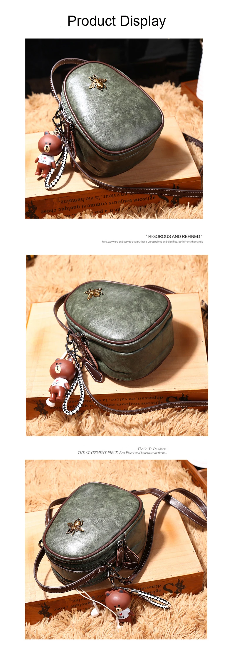 Women Bags Genuine Leather Shoulder Bag Crossbody Famous Brand Tote Handbag Cute Small Fashion Shopping Bag with Bear Pendant