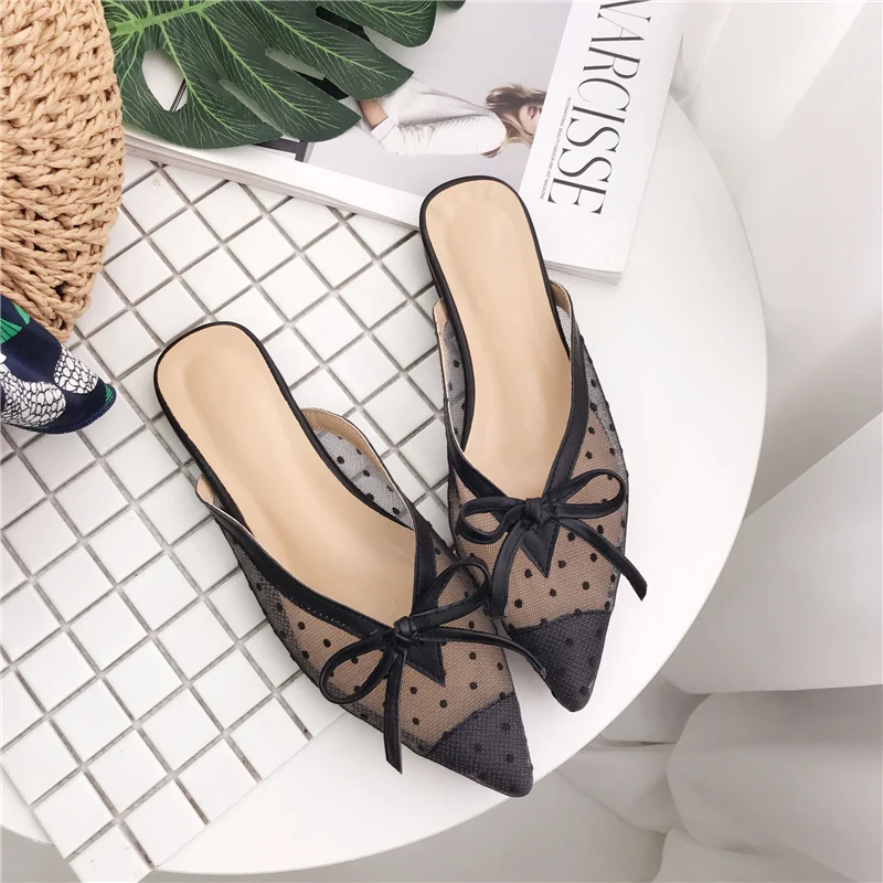 2019 летние милые женские туфли без задника на плоской подошве с бантиком Цвет