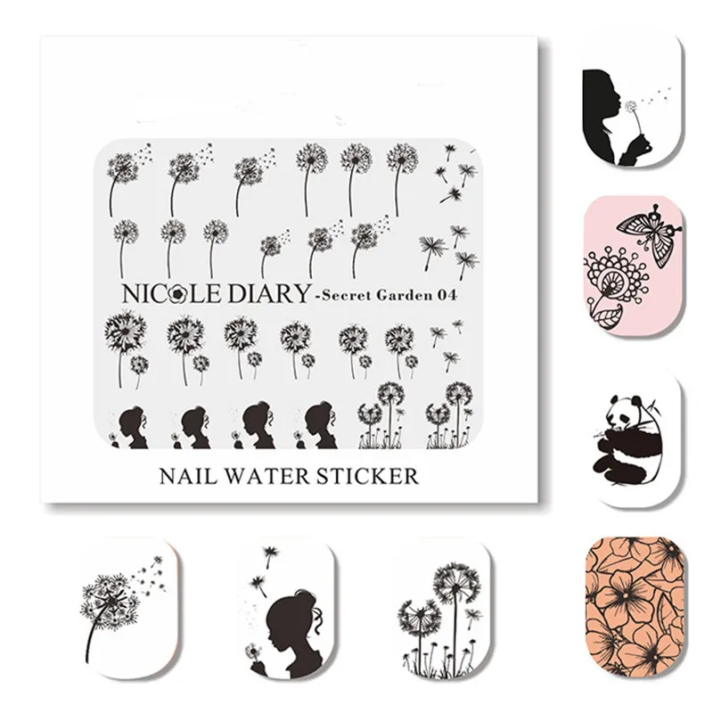 Переводные картинки NICOLE DIARY для дизайна ногтей водное тату с животными и