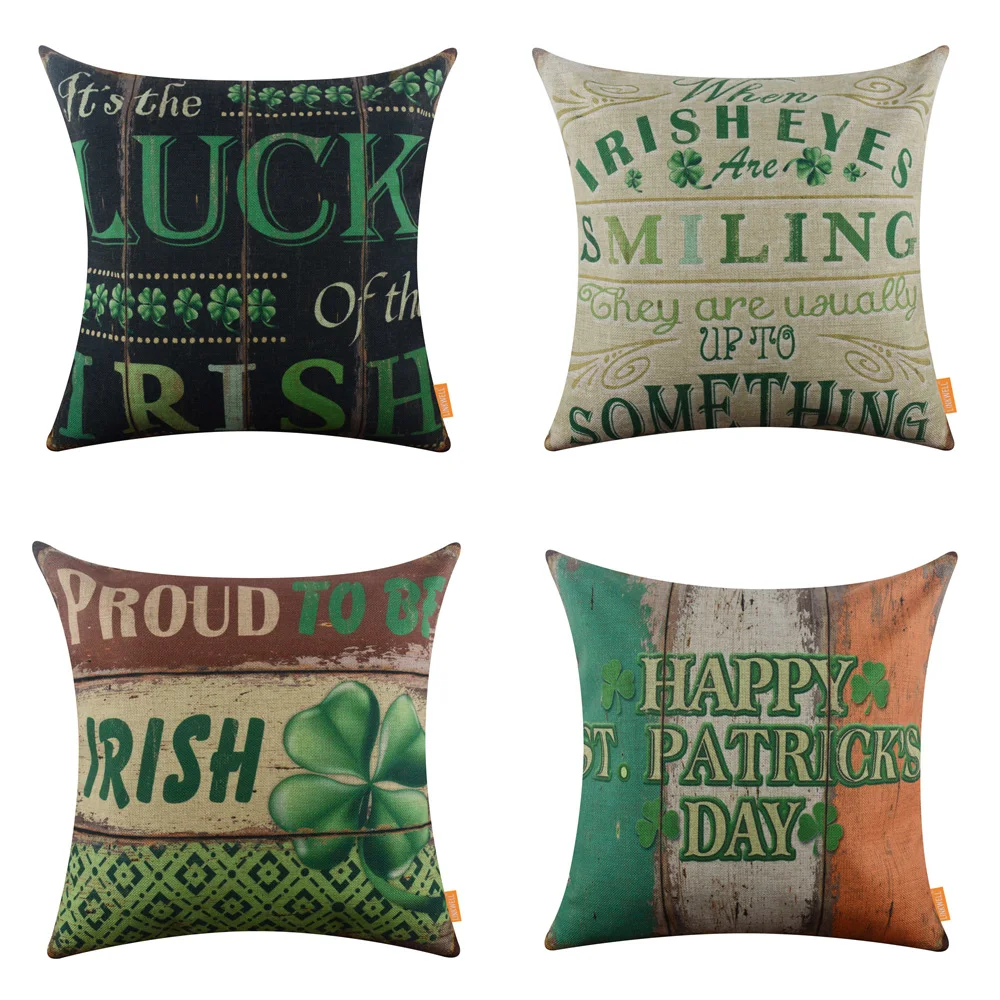

LINKWELL 45x45cm Saint St. Patrick's Day Seasonal Decor Green Colour Irish Shamrock Pillowcase Burlap Cushion Cover Pillow Case