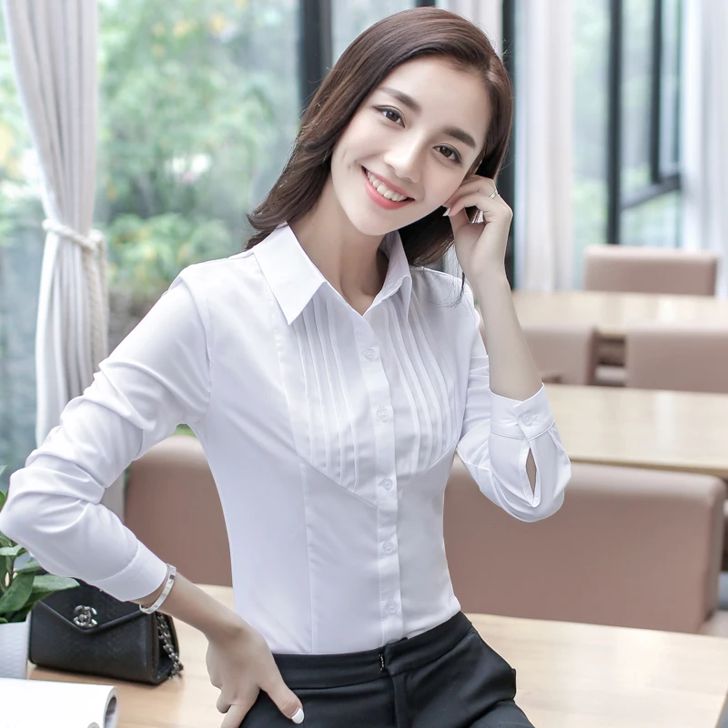 white long sleeve Формальные Блузки женские топы с длинным рукавом Повседневные хлопковые Блузки Женская рабочая одежда белые розовые офисные рубашки плюс размер 5XL - Цвет: white long sleeve