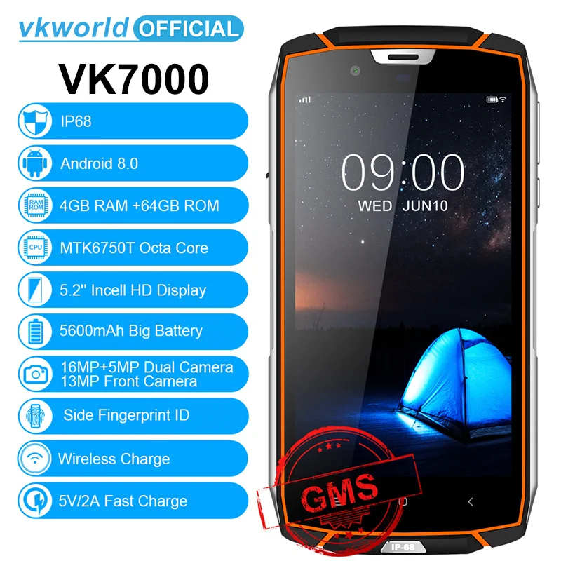 VKworld VK7000 IP68 водонепроницаемый смартфон 5,2 дюймов MTK6750T Восьмиядерный Android 5600 мАч Быстрая зарядка 4 Гб 64 Гб мобильный телефон с двумя sim-картами