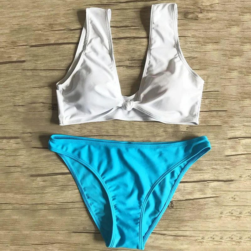 White Blue Bikini PLAVKY женский сексуальный белый синий глубокий v-образный вырез завязанное спереди на узел бикини купальный костюм купальник женский Бразильский бикини - Цвет: White Blue Bikini