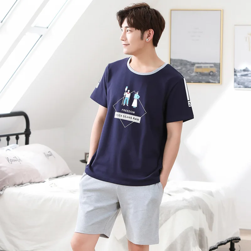 

Sujisi Woman Short Pure Cotton Pajamas Round Collar Knitting Cartoon Printing Couple Pajamas Casual Exercise Short Pyjama Femme