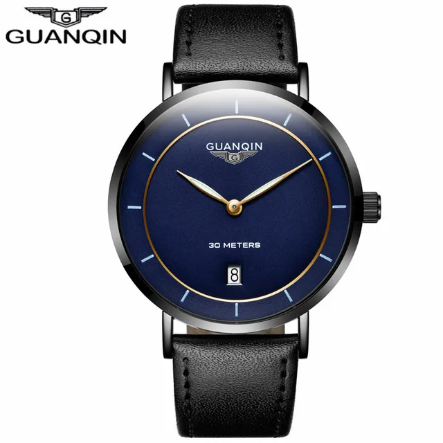 black blue B Мужские s часы лучший бренд класса люкс GUANQIN простой дизайн Ультра тонкие кварцевые часы мужские повседневные кожаные мужские часы relogio masculino - Цвет: black blue B