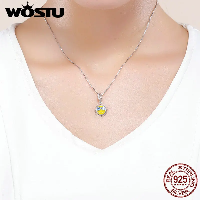 WOSTU 925 пробы Серебряный прохладный летний солнце желтый цвет эмаль синий CZ кулон подходит браслет и браслет для женщин модный подарок CQC771