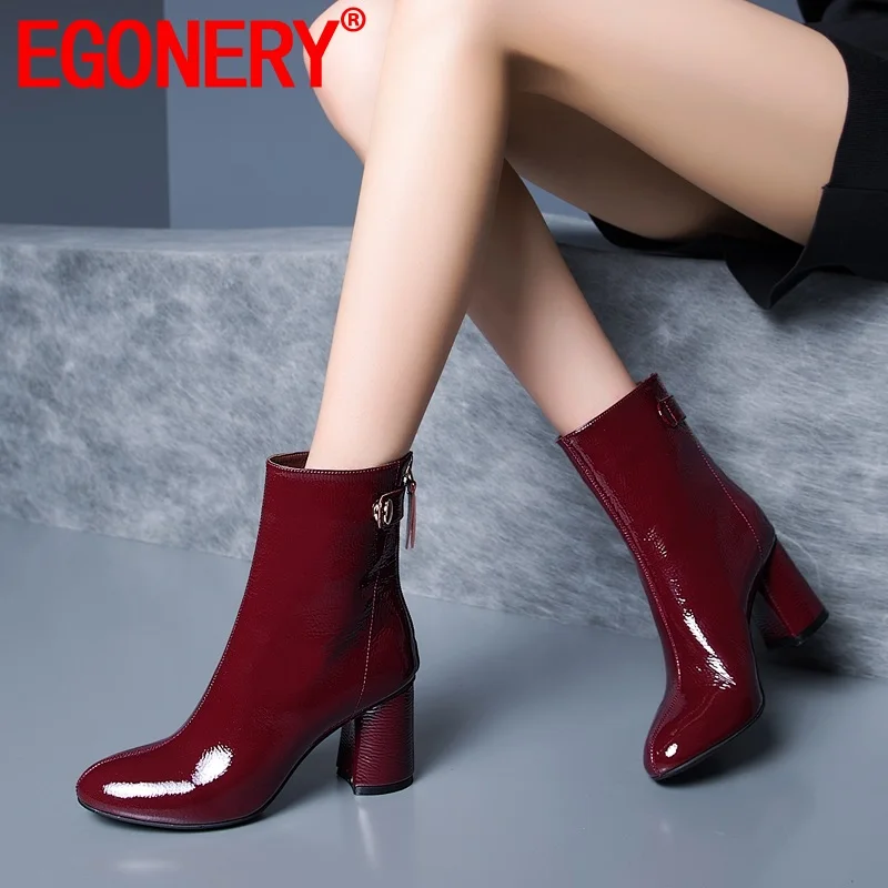 EGONERY/женские ботинки из лакированной кожи; сезон осень-зима; Модная брендовая обувь с круглым носком; ; высококачественные офисные ботильоны