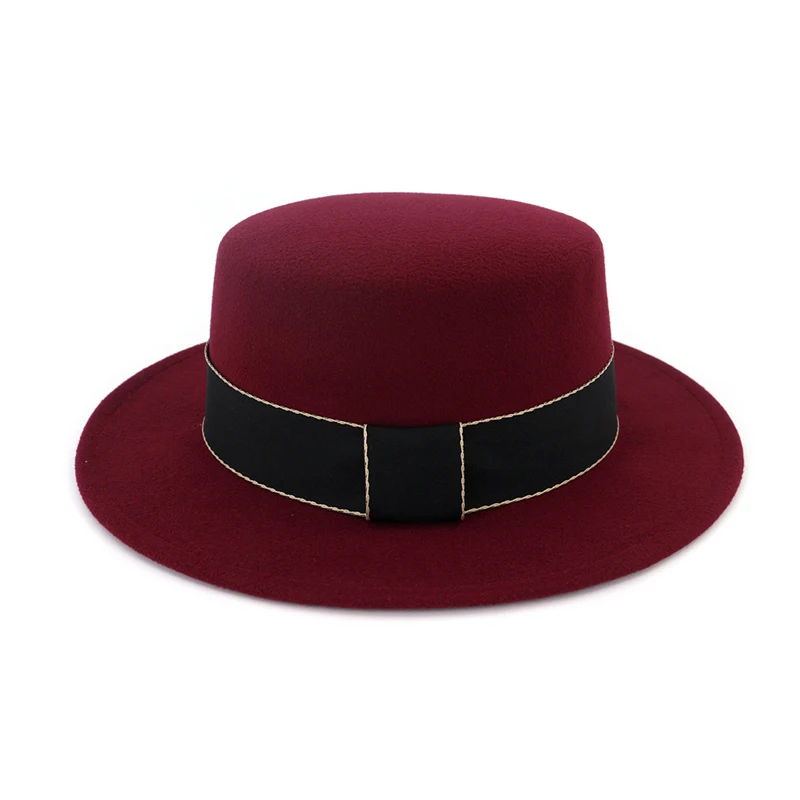 Burgundy Европейский США с широкими полями простой Fedora шапки для мужчин и женщин плоский верх Джаз Шерсть фетровая шляпа черный Trilby Chapeau с лентой - Цвет: Burgundy
