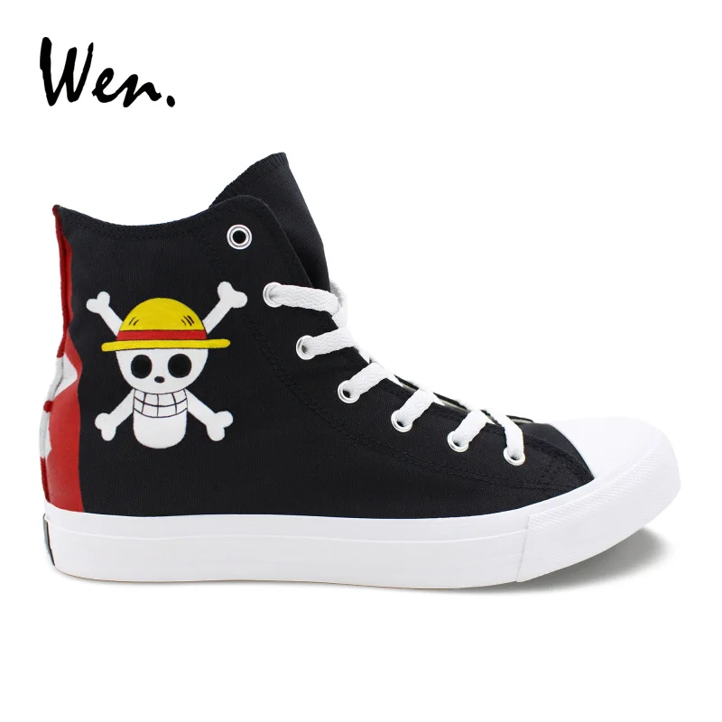 

Wen Black High Tops Boys Girls Hand Painted Shoes Custom Design One Piece Jolly Roger Canvas Sneakers Personalized Plimsolls