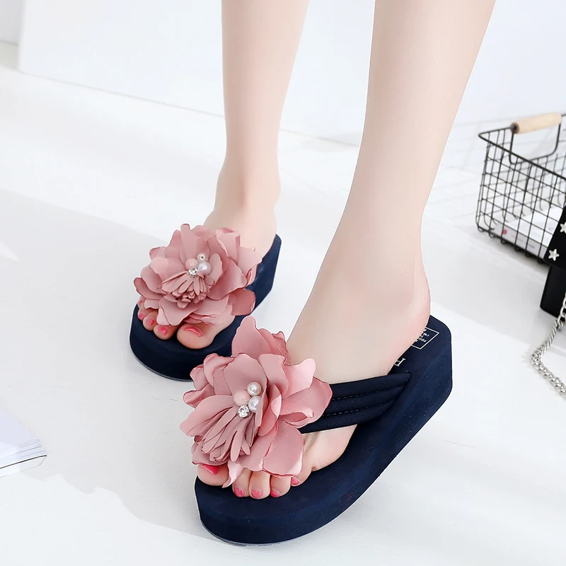 

Large Silk Hibiscus Flowers Cloth Belt Flip Flops lady Leisure Comfortable Wedges Slippers Women High-Heels Summer Shoes