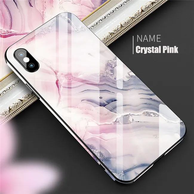 Crystal Pink Роскошный чехол из мраморного стекла для iPhone X XS MAX XR XS стеклянный силиконовый чехол для телефона для iPhone 7 8 Plus чехол s для iPhone 6 S 6s - Цвет: Crystal Pink