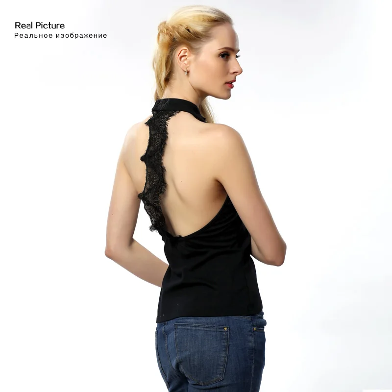 2018 Для женщин футболка хлопок жилет Черный Холтер шеи без рукавов топы Вернуться