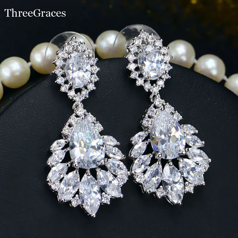 Женские винтажные серьги ThreeGraces длинные люстры серебряного цвета с фианитом и