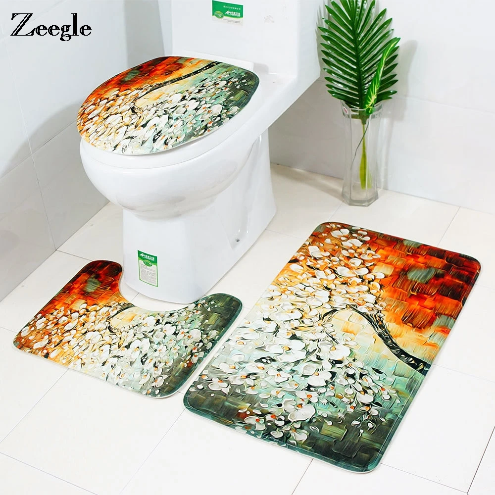 

Zeegle 3pcs Bath Mat Bathroom Carpet Set Non-slip Toilet Mat Pedestal Rug Lid Toilet Cover Bath Rugs Absorbent Shower Foot Mats