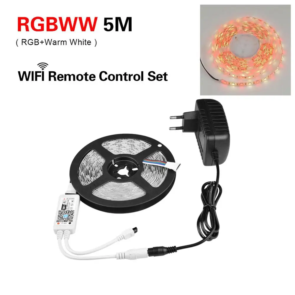 RGBWW WIFI Remote RGB RGBW RGBWW wifi 5 м 5050 Светодиодная лента светильник водонепроницаемый гибкий светодиодный Диодная лента wifi контроллер+ 12 В адаптер питания EU/US - Испускаемый цвет: RGBWW WIFI Remote