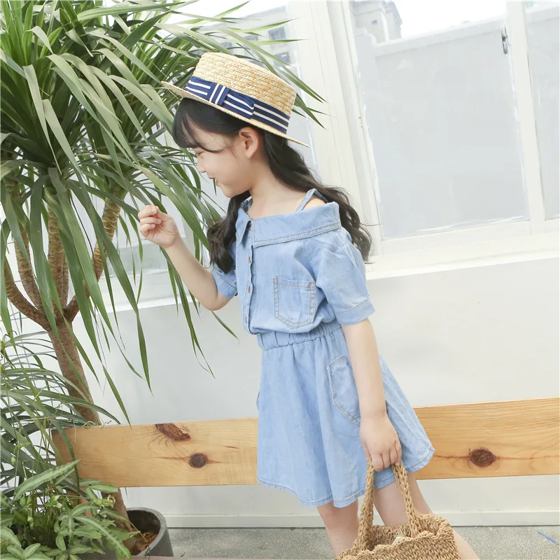 Summer Children Girls Strapless Dress Kids Shoulderless Denim Toddler Cowboy Patchwork Dresses Baby Clothes 2018 New | Детская одежда и