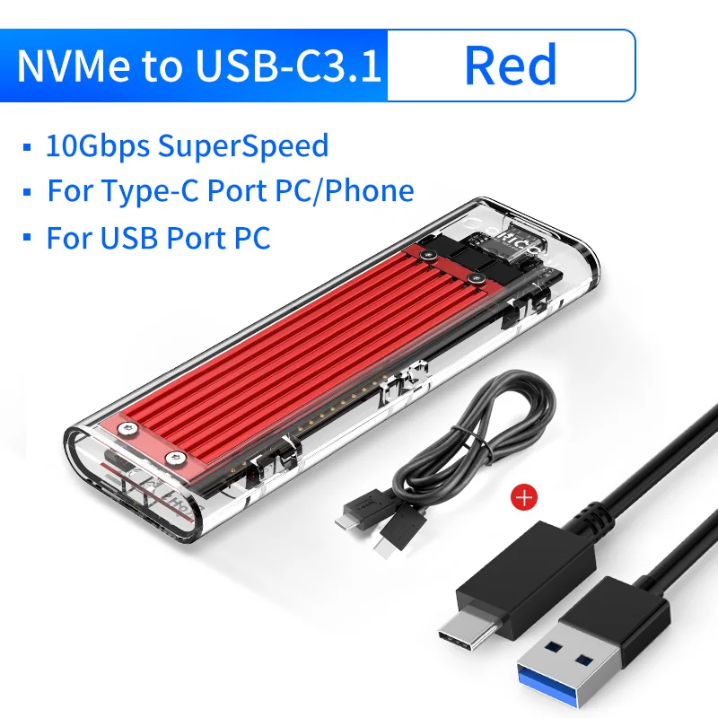 ORICO M.2 SSD чехол 10 Гбит/с Поддержка UASP протокол USB3.1 Gen2 type-C Мини Прозрачный SSD корпус с C на C и C на кабель - Цвет: Red