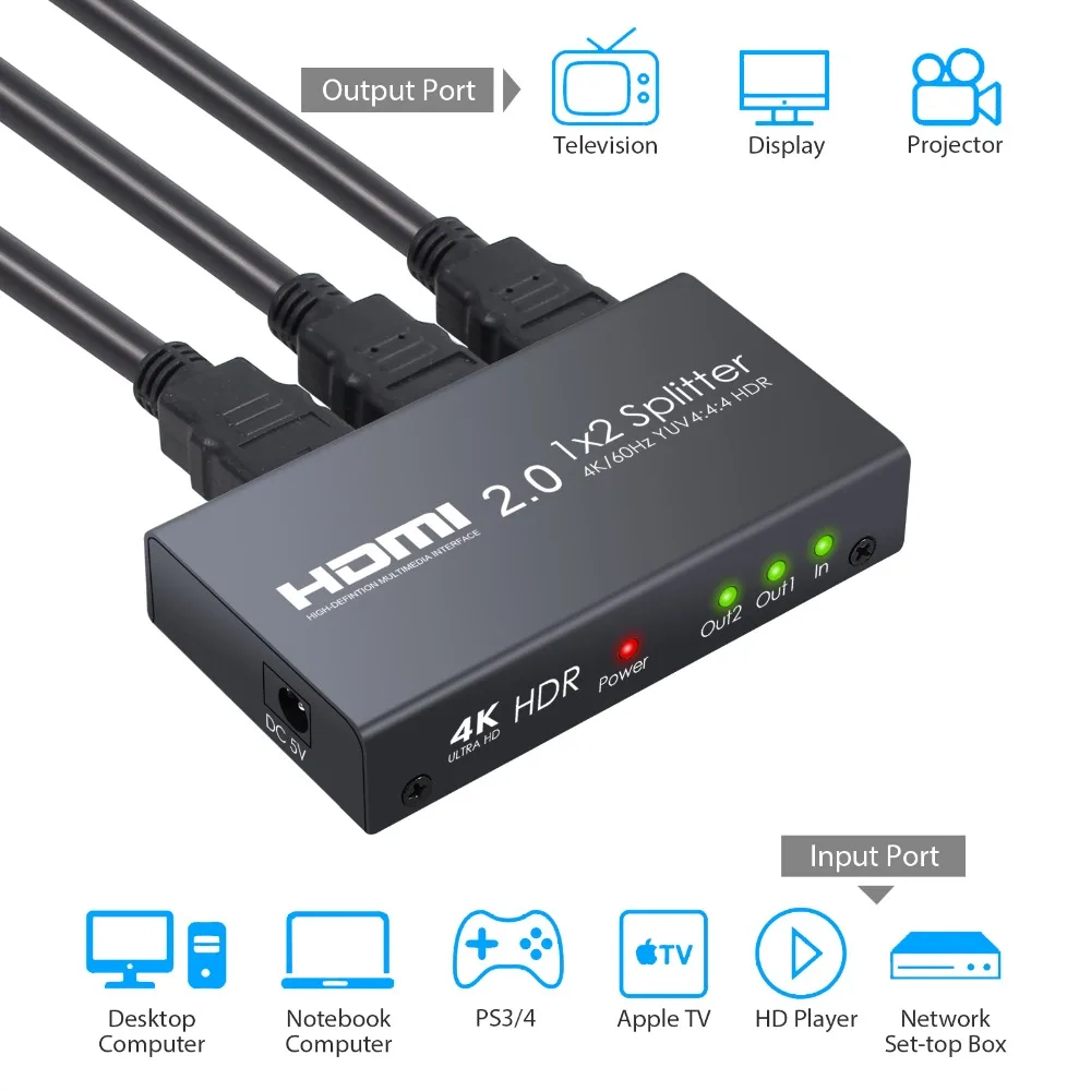 1 в 2 из HDMI 2,0 сплиттер с USB кабелем питания Поддержка 4 K/60Hz YUV 4:4:4 HDR для Xbox One X PS4 Pro Sky Box Blu-Ray плеер