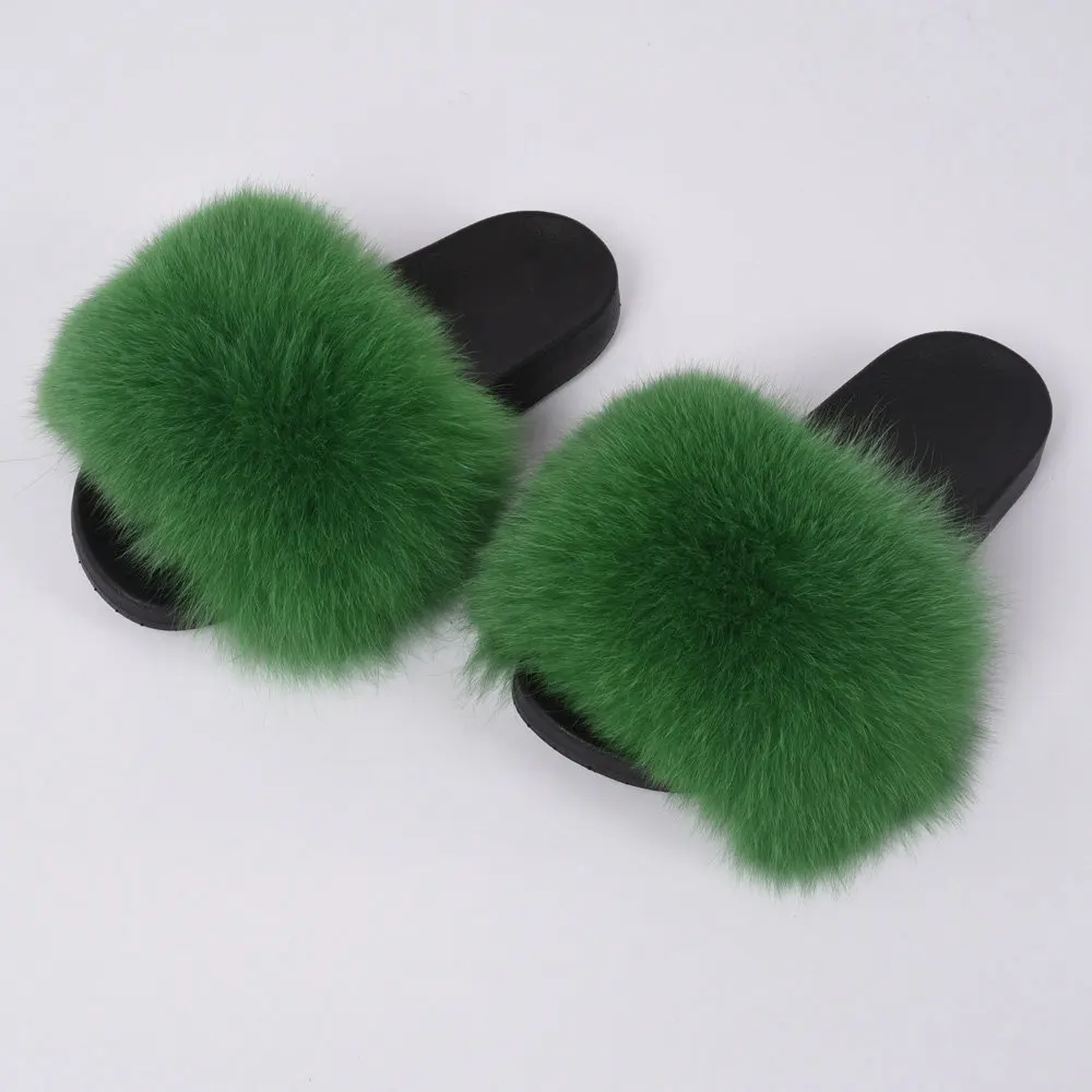 Grass Green Тапочки с натуральным лисьим мехом; женские роскошные пушистые шлепанцы; большие пушистые меховые шлепанцы для дома; модный стиль; S6018 - Цвет: Grass Green