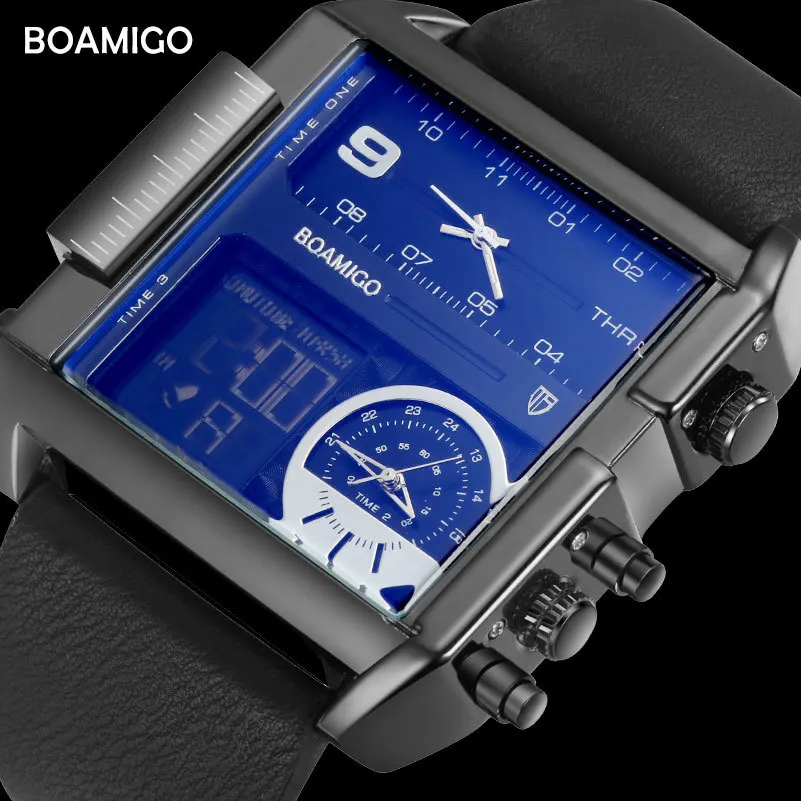

Часы BOAMIGO мужские с большим квадратным циферблатом, модные кварцевые аналоговые цифровые, с тремя часовыми поясами, с кожаным ремешком, 2021