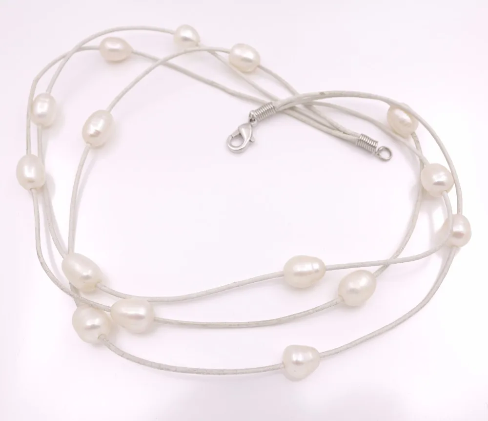 3 ряда натуральный белый жемчудина в виде капли слез белые кожаные кулон Цепочки