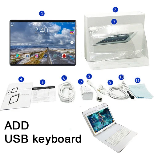 ADD wired Keyboard 10,1 дюймов планшетный ПК Android 8,0 для Google Play 2.5D экран из закаленного стекла Восьмиядерный SIM 3G 4G LTE wifi gps ram 6 ГБ 64 Гб планшет - Комплект: ADD wired Keyboard
