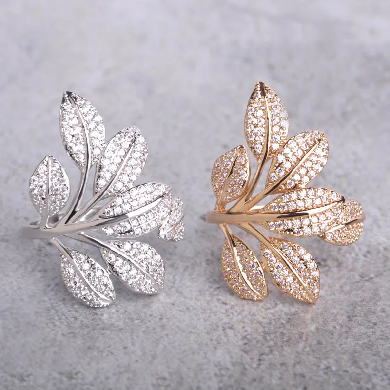 Индия Дубай Листья Сверкающих Циркон Кольца Перста Женщины Большой Широкий Aros