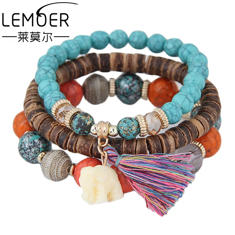 LEMOER 2019 этнические богемные многослойные деревянные бусины Слон кисточка шарм